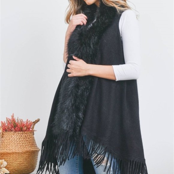 BLACK FAUX FUR TRIM FRINGE SWEATER VEST - Picture 6 of 7